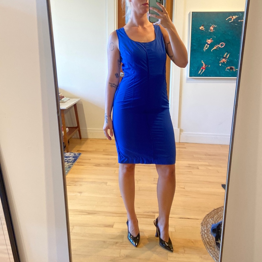 Club Monaco cobalt blue structured fitted midi dress